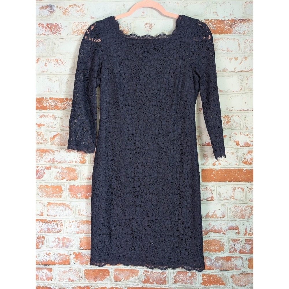 Adrianna Papell Lace Sheath Dress Womens 6 Navy Blue 3/4 Sleeve Cocktail Formal